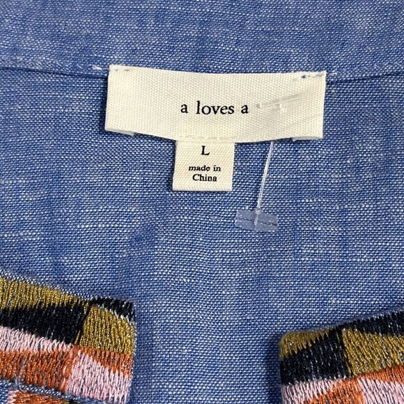 A Loves A Top Womens L Blue Linen Blend Embroidered Tunic Boho Festival‎ Western - Picture 7 of 9